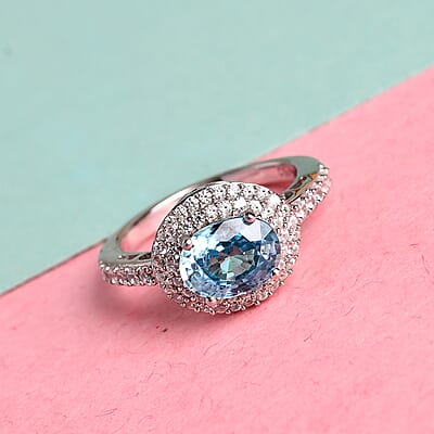 Cambodian Blue Zircon and Natural White Zircon Double Halo Ring in Sterling Silver (Size 10.0) 2.55 ctw
