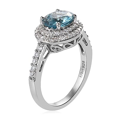 Cambodian Blue Zircon and Natural White Zircon Double Halo Ring in Sterling Silver (Size 10.0) 2.55 ctw