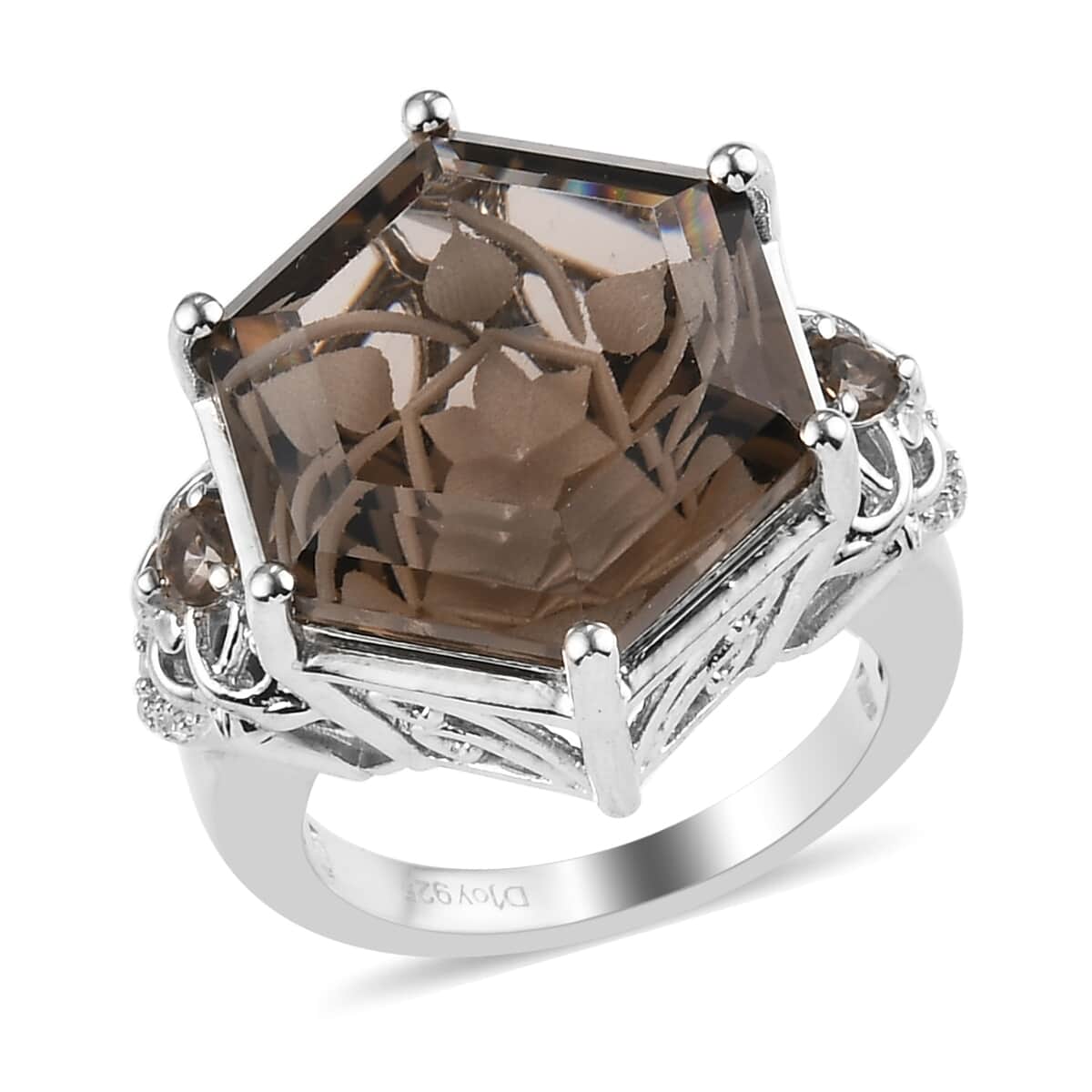 Brazilian Smoky Quartz and Natural White Zircon Fancy Ring in Platinum Over Sterling Silver (Size 10.0) 12.90 ctw image number 0