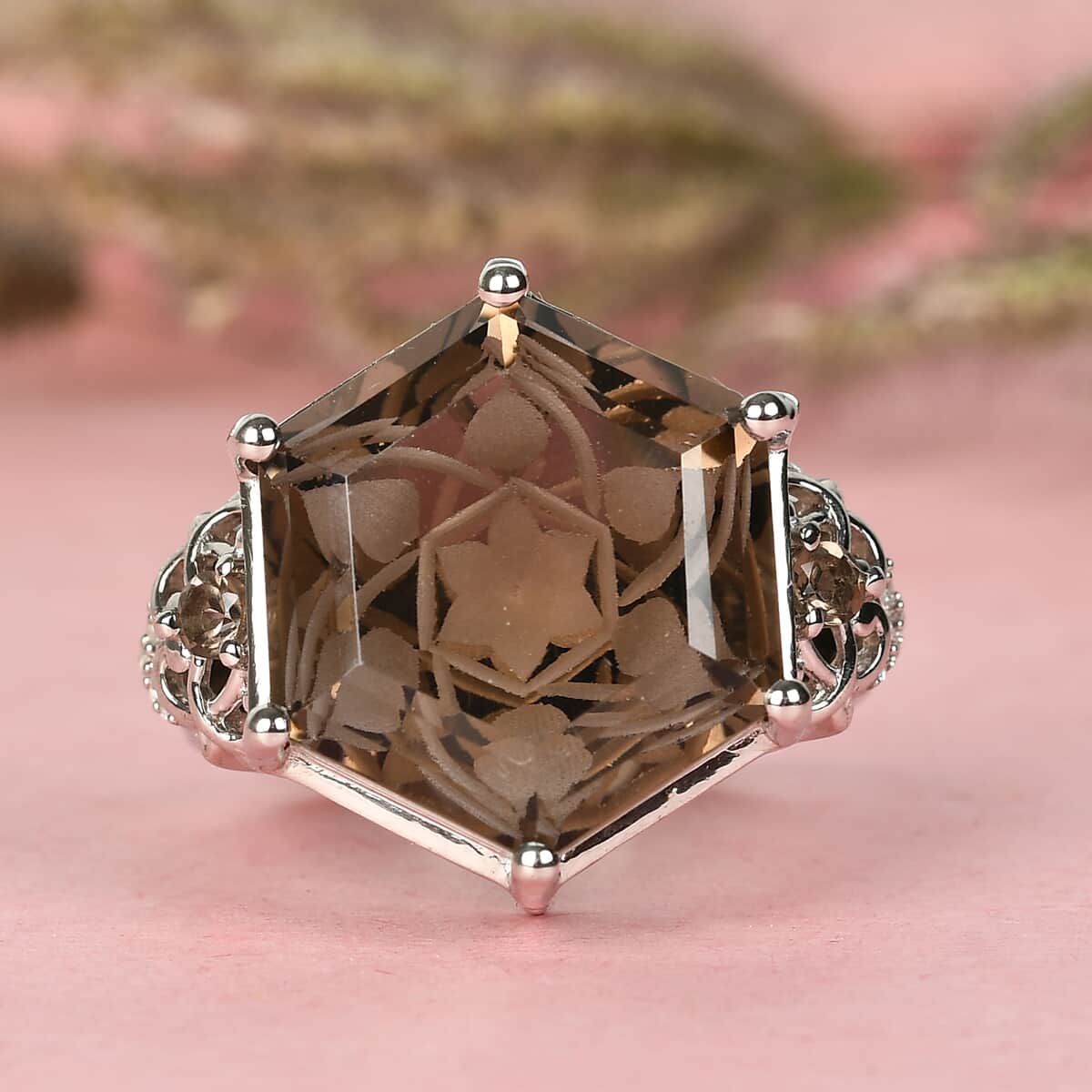 Brazilian Smoky Quartz and Natural White Zircon Fancy Ring in Platinum Over Sterling Silver (Size 10.0) 12.90 ctw image number 1