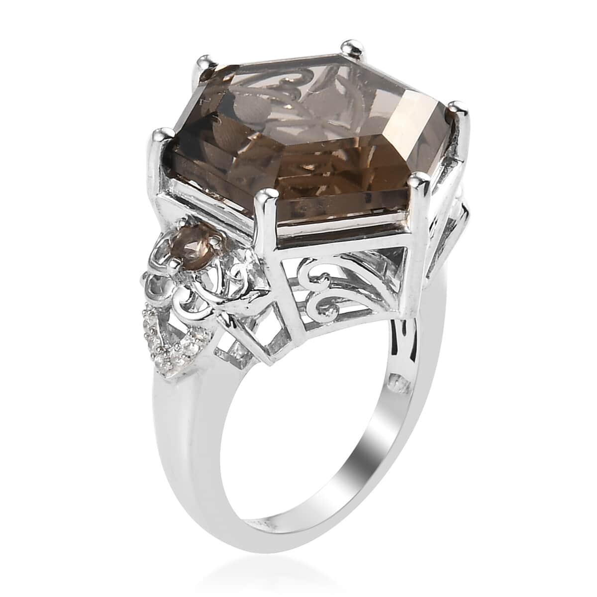 Brazilian Smoky Quartz and Natural White Zircon Fancy Ring in Platinum Over Sterling Silver (Size 10.0) 12.90 ctw image number 3