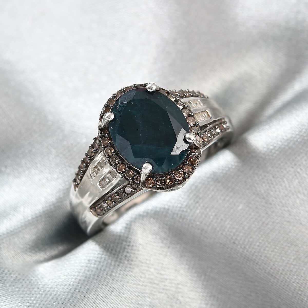 Teal Grandidierite, Natural Champagne and White Diamond Ring in Platinum Over Sterling Silver (Size 7.0) 3.10 ctw image number 1