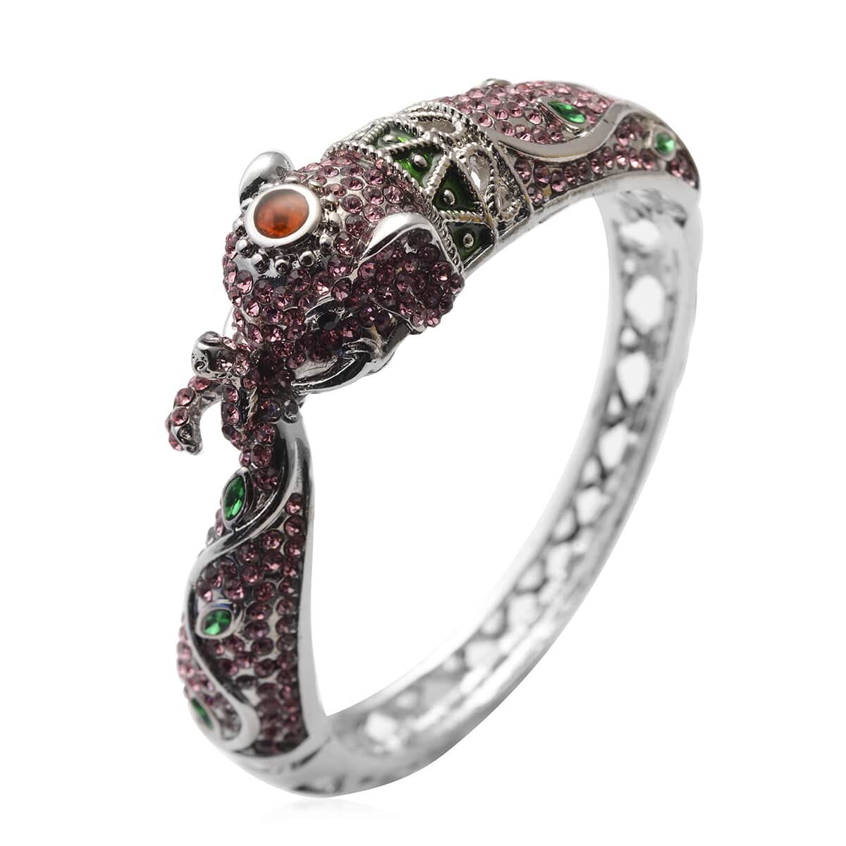 Pink and Black Austrian Crystal and Simulated Emerald, Enameled Elephant Bangle Bracelet in Silvertone (7 In) image number 0