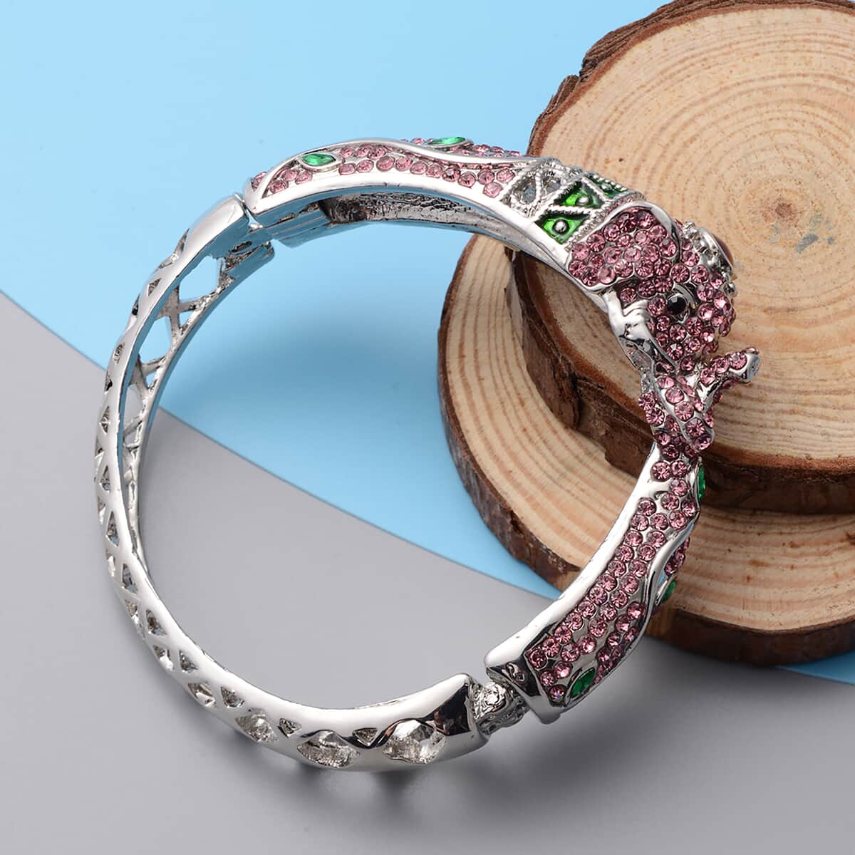 Pink and Black Austrian Crystal and Simulated Emerald, Enameled Elephant Bangle Bracelet in Silvertone (7 In) image number 1