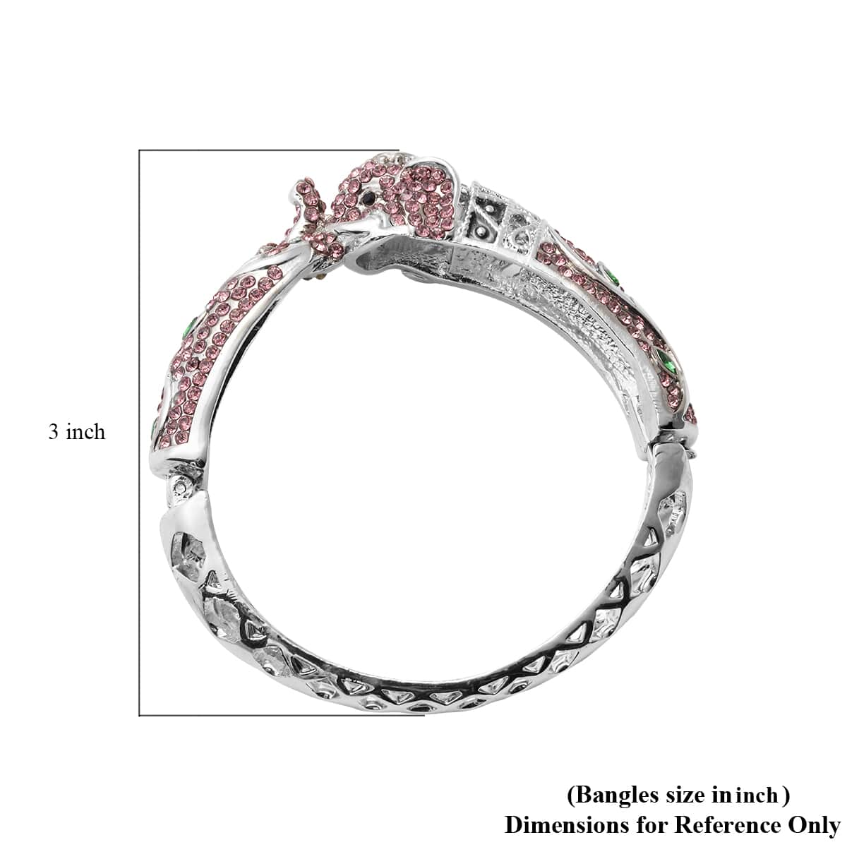 Pink and Black Austrian Crystal and Simulated Emerald, Enameled Elephant Bangle Bracelet in Silvertone (7 In) image number 2