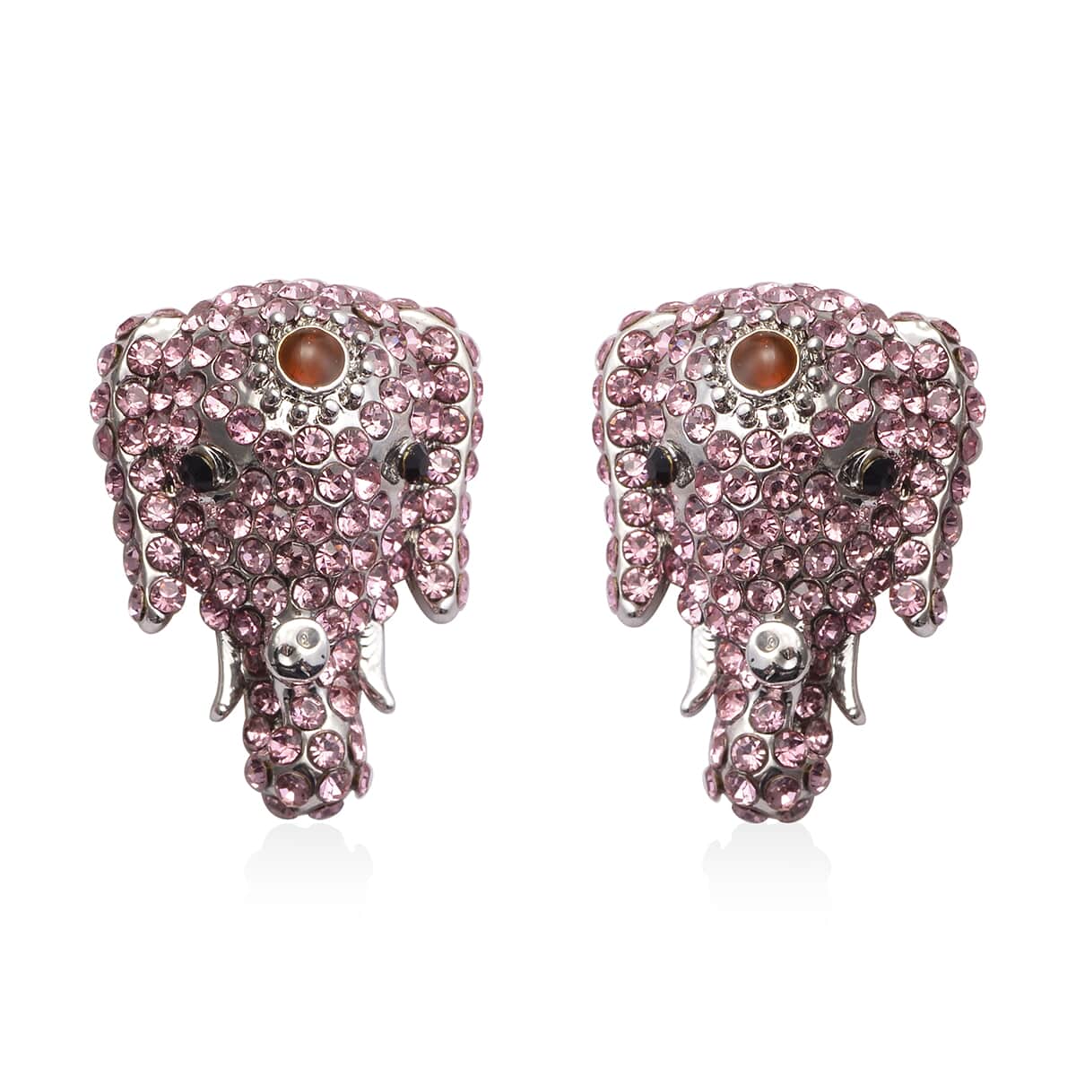 Pink and Black Austrian Crystal, Enameled Elephant Earrings in Silvertone image number 0