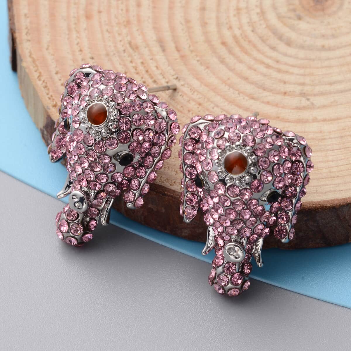 Pink and Black Austrian Crystal, Enameled Elephant Earrings in Silvertone image number 1