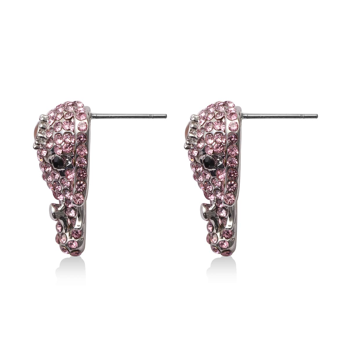 Pink and Black Austrian Crystal, Enameled Elephant Earrings in Silvertone image number 3