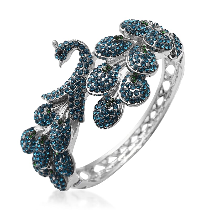 Multi Color Austrian Crystal Peacock Bangle Bracelet in Silvertone (7 In)