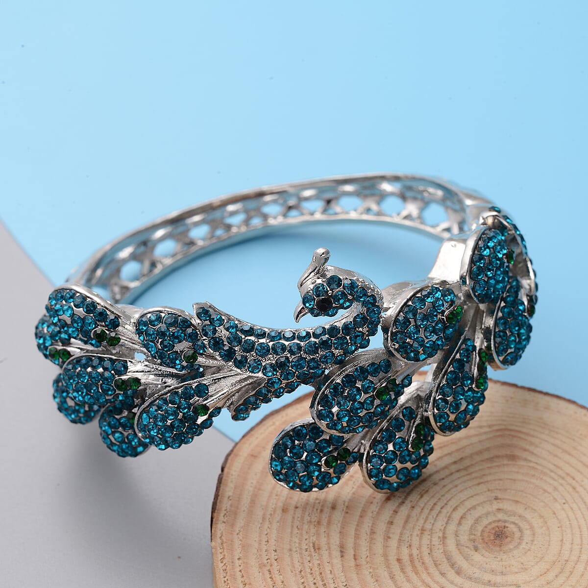 Multi Color Austrian Crystal Peacock Bangle Bracelet in Silvertone (7 In) image number 1