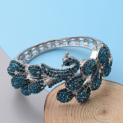 Multi Color Austrian Crystal Peacock Bangle Bracelet in Silvertone (7 In)