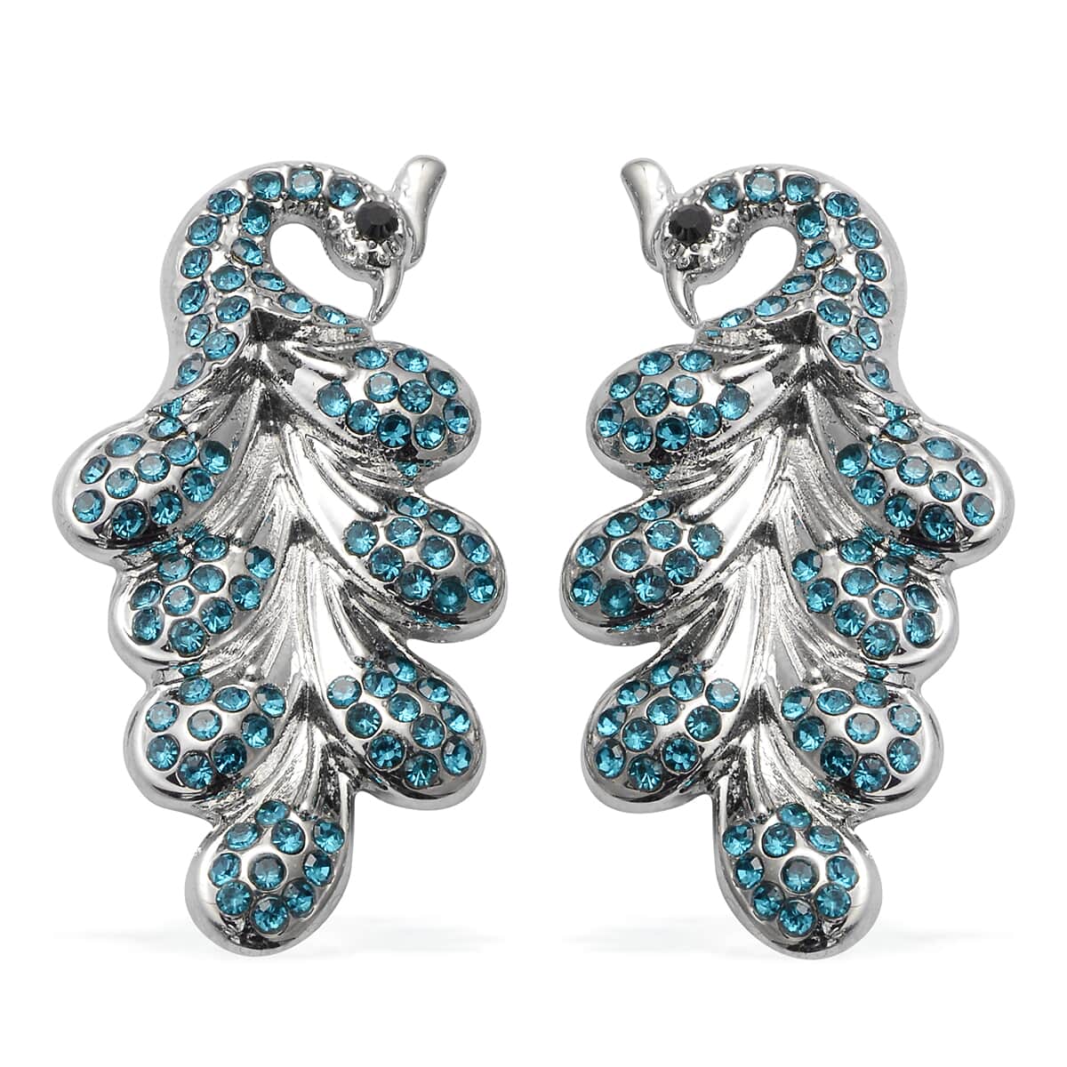 Blue and Black Austrian Crystal Peacock Earrings in Silvertone image number 0