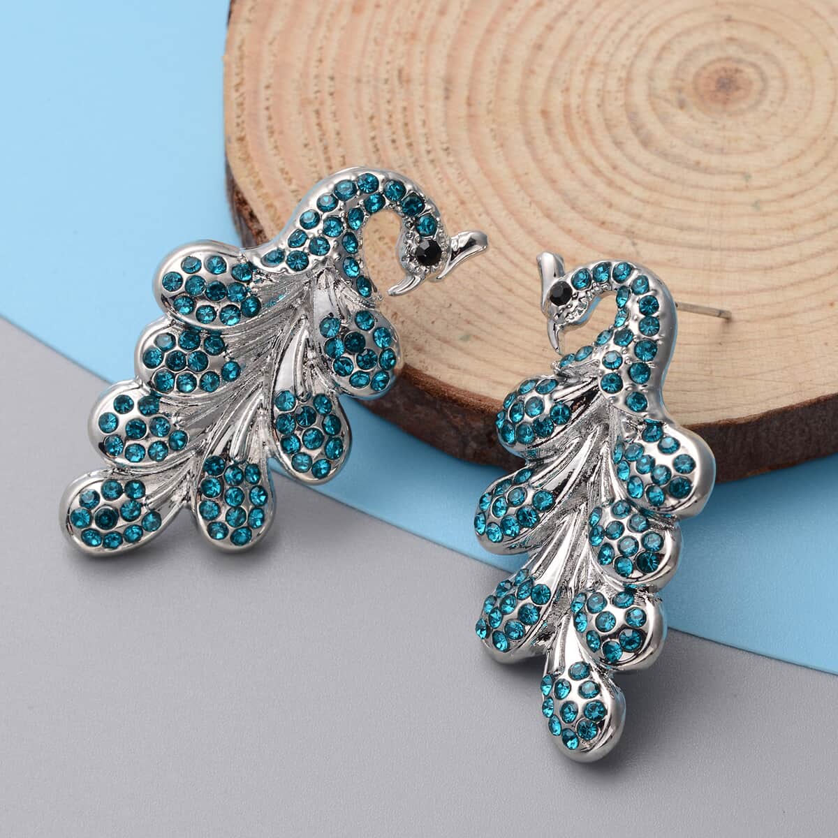 Blue and Black Austrian Crystal Peacock Earrings in Silvertone image number 1