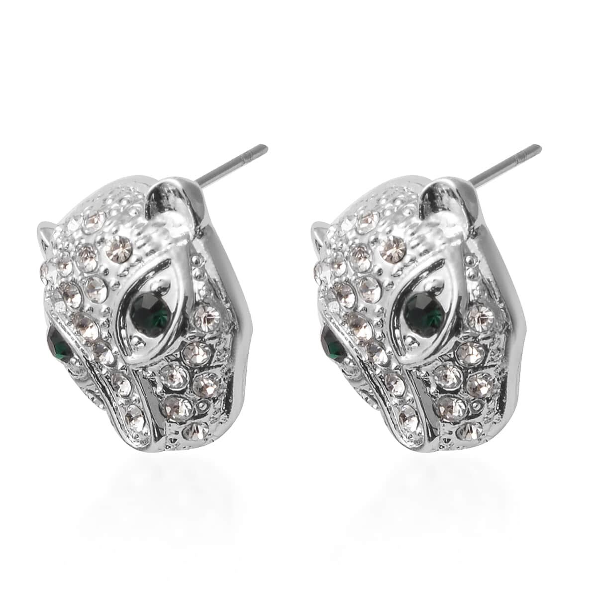 Green and White Austrian Crystal Leopard Earrings in Silvertone image number 3