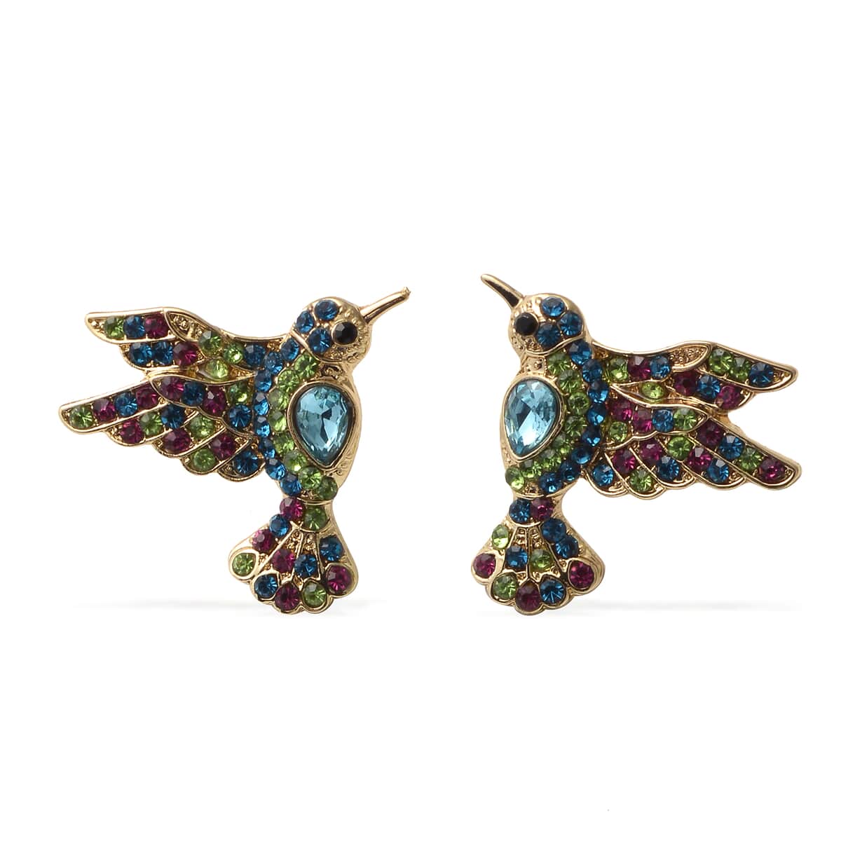 Multi Color Austrian Crystal and Simulated Blue Sapphire Bird Earrings in Goldtone image number 0