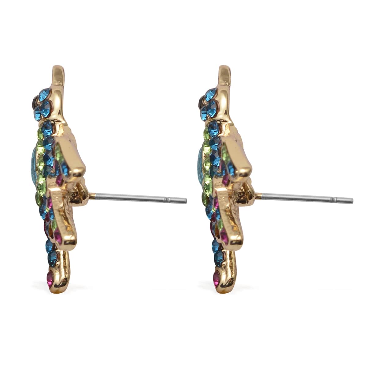 Multi Color Austrian Crystal and Simulated Blue Sapphire Bird Earrings in Goldtone image number 3