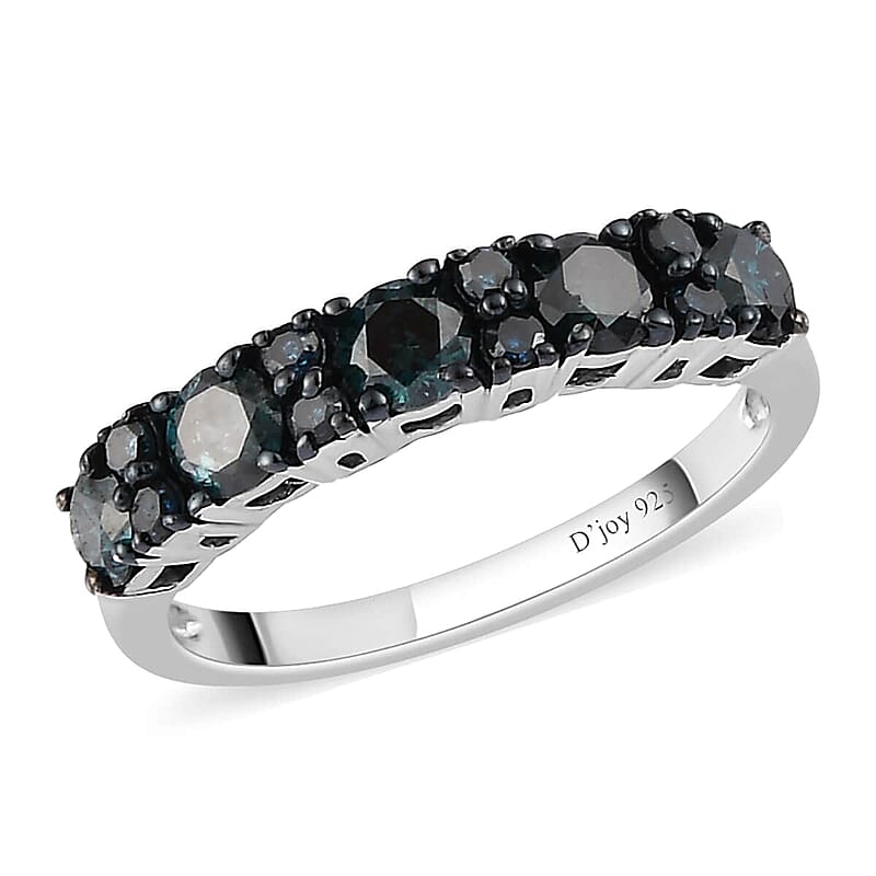 Blue Diamond (IR) Half Eternity Band Ring in Rhodium and Platinum Over Sterling Silver (Size 10.0) 1.00 ctw