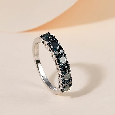 Blue Diamond (IR) Half Eternity Band Ring in Rhodium and Platinum Over Sterling Silver (Size 10.0) 1.00 ctw