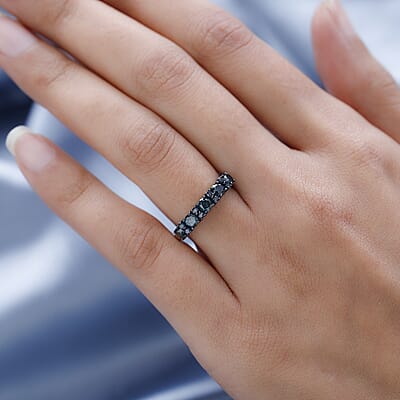 Blue Diamond (IR) Half Eternity Band Ring in Rhodium and Platinum Over Sterling Silver (Size 10.0) 1.00 ctw