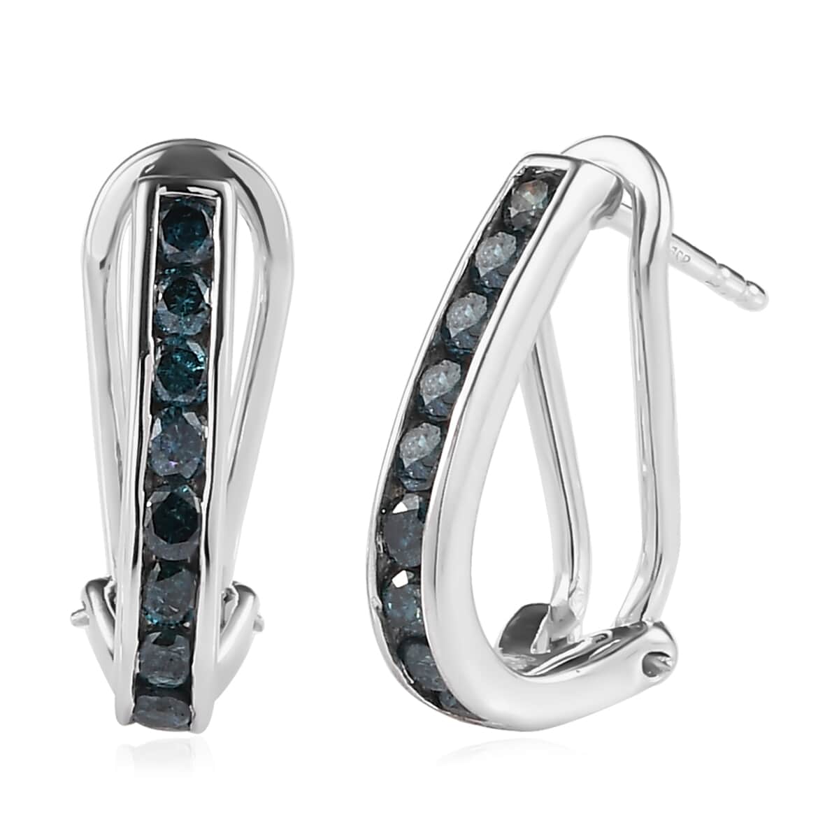 Buy Blue Diamond Omega Clip Earrings in Platinum Over Sterling