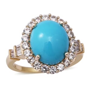 Luxoro 10K Yellow Gold AAA Sleeping Beauty Turquoise and White Zircon Halo Ring (Size 5.5) 5.65 ctw