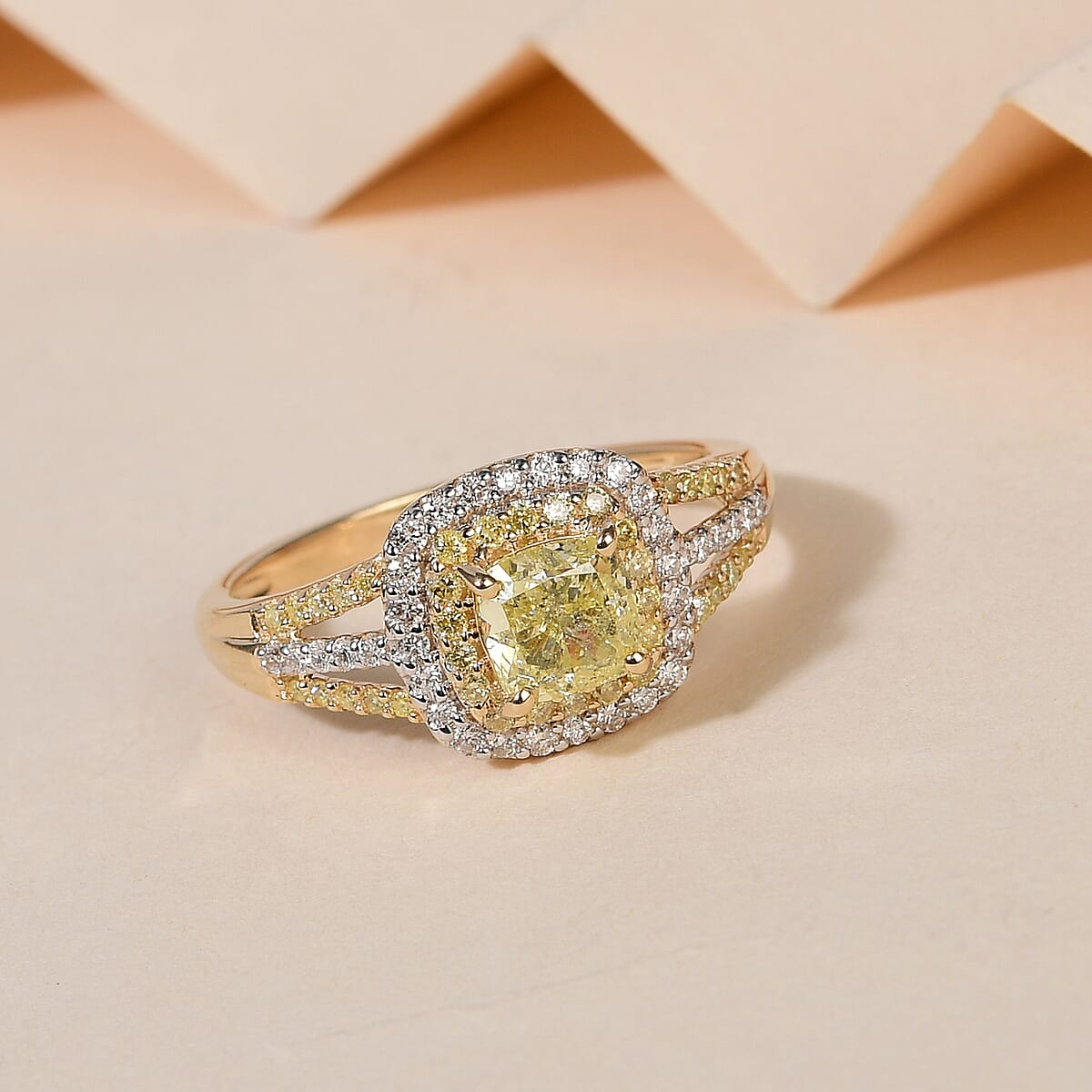 sgl-certified-luxoro-14k-yellow-gold-natural-yellow-and-white-diamond-i1-i2-split-shank-halo-ring-size-8.0-3.25-grams-1.50-ctw image number 1