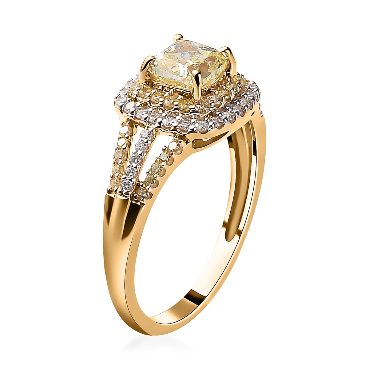 sgl-certified-luxoro-14k-yellow-gold-natural-yellow-and-white-diamond-i1-i2-split-shank-halo-ring-size-8.0-3.25-grams-1.50-ctw image number 3