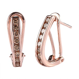Natural Champagne Diamond Omega Clip Earrings in Vermeil Rose Gold Over Sterling Silver 1.00 ctw