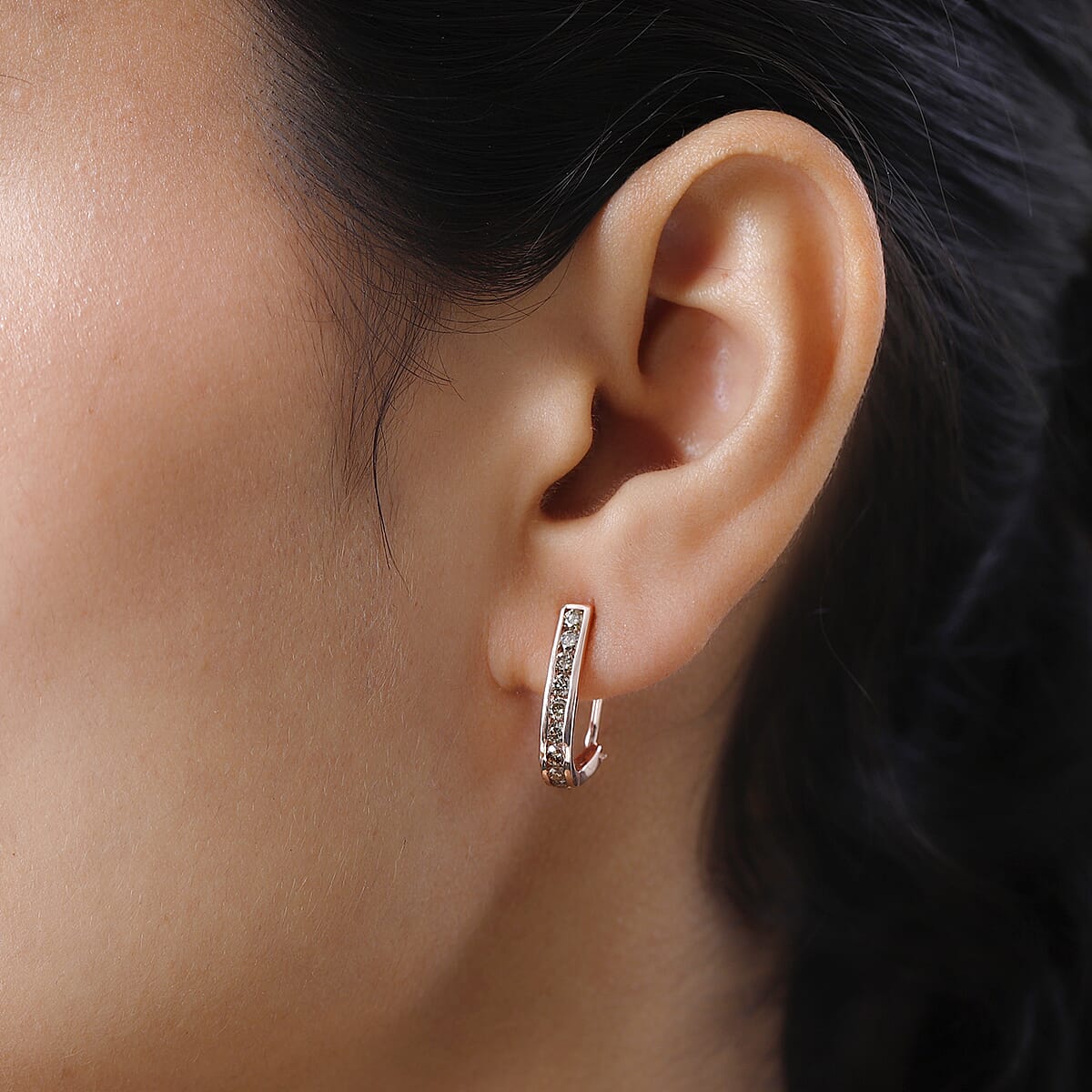 Natural Champagne Diamond Omega Clip Earrings in Vermeil Rose Gold Over Sterling Silver 1.00 ctw image number 2