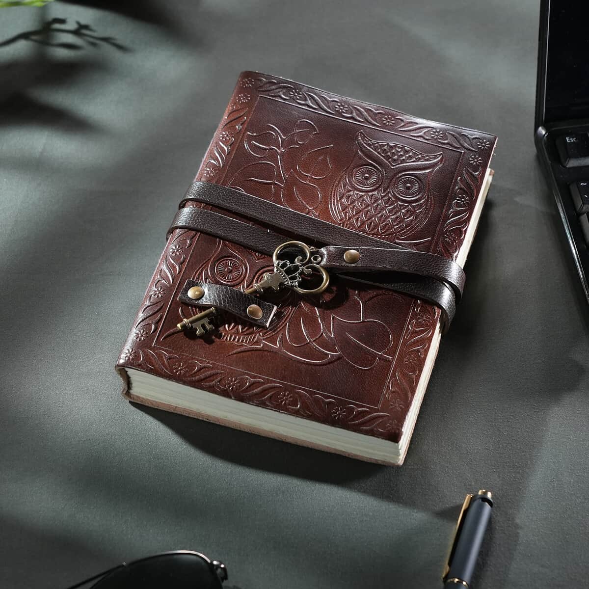 Handcrafted Dark Brown Owl Embossed 100% Genuine Leather Journal With Hand Dyed & Handmade Papers image number 1