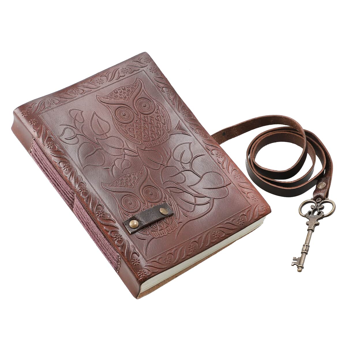 Handcrafted Dark Brown Owl Embossed 100% Genuine Leather Journal With Hand Dyed & Handmade Papers image number 2