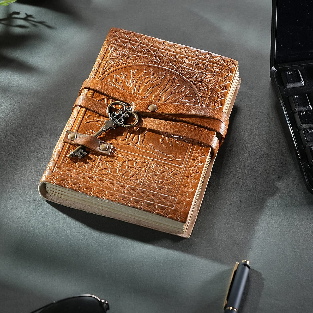 Handcrafted Brown Tree Of Life Embossed 100% Genuine Leather Journal With Hand Dyed & Handmade Papers image number 1