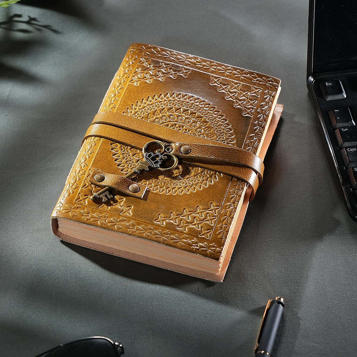 Handcrafted Tan Mandala Embossed Genuine Leather Journal With Hand Dyed & Handmade Papers image number 1