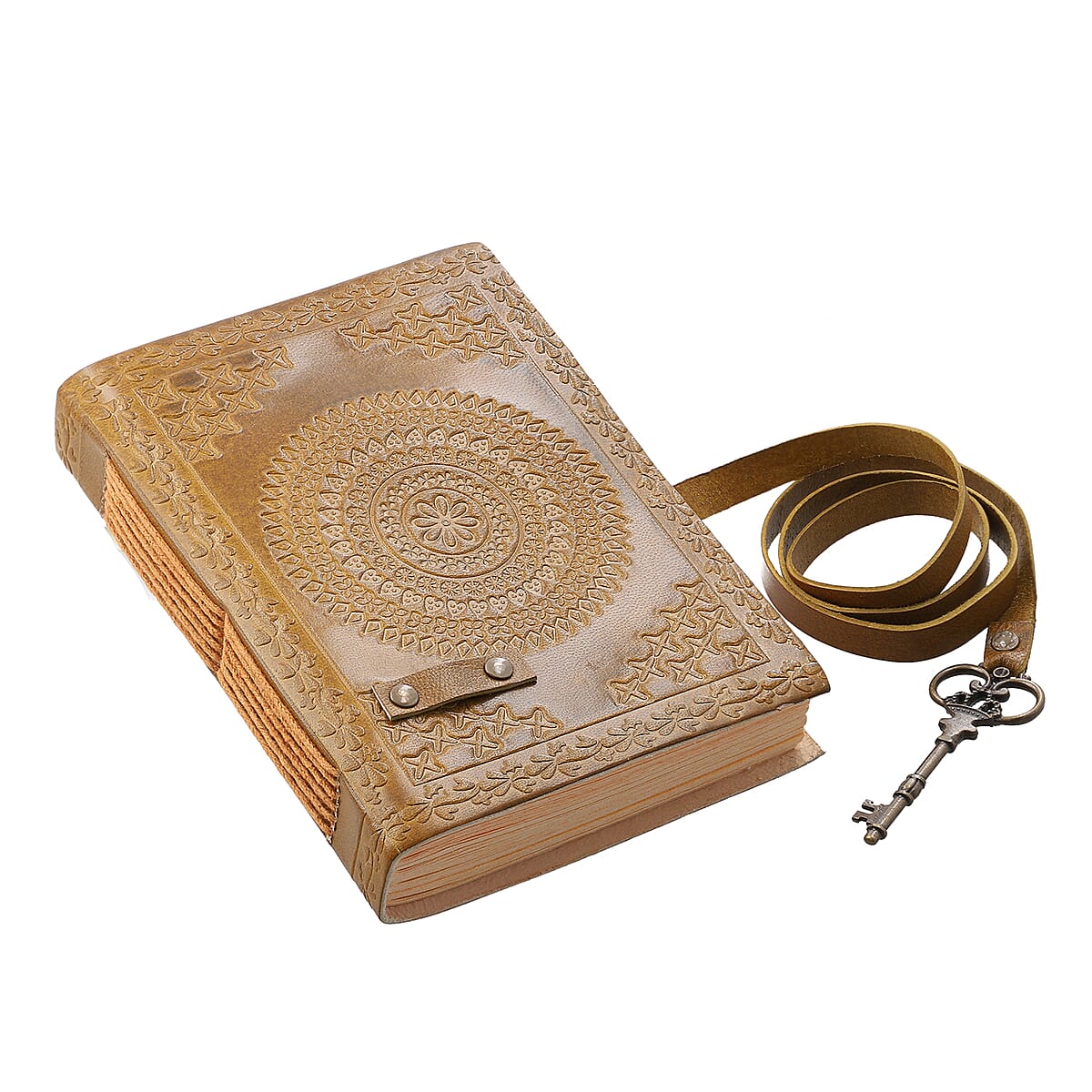 Handcrafted Tan Mandala Embossed Genuine Leather Journal With Hand Dyed & Handmade Papers image number 2