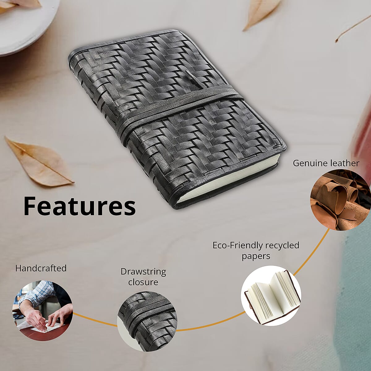 Handcrafted Black Genuine Leather Journal With Handmade Papers image number 3