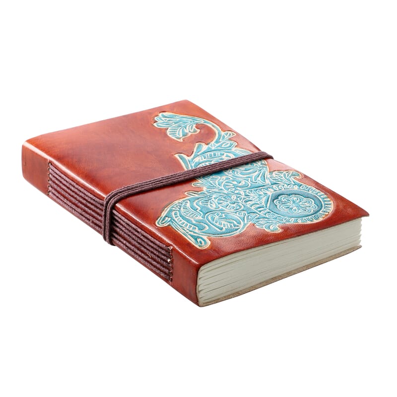 Hand Painted Brown Stitch Genuine Leather Journal With Handmade Papers