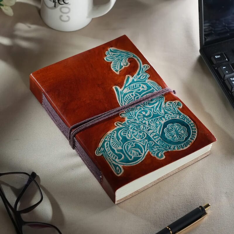 Hand Painted Brown Stitch Genuine Leather Journal With Handmade Papers