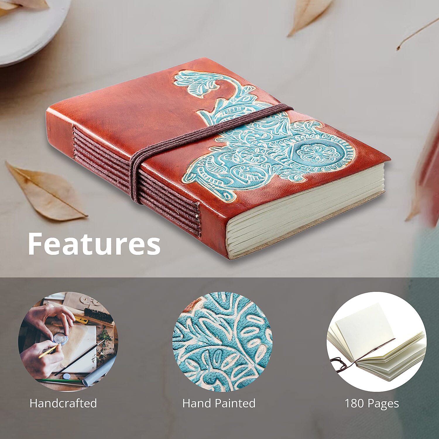 Hand Painted Brown Stitch Genuine Leather Journal With Handmade Papers