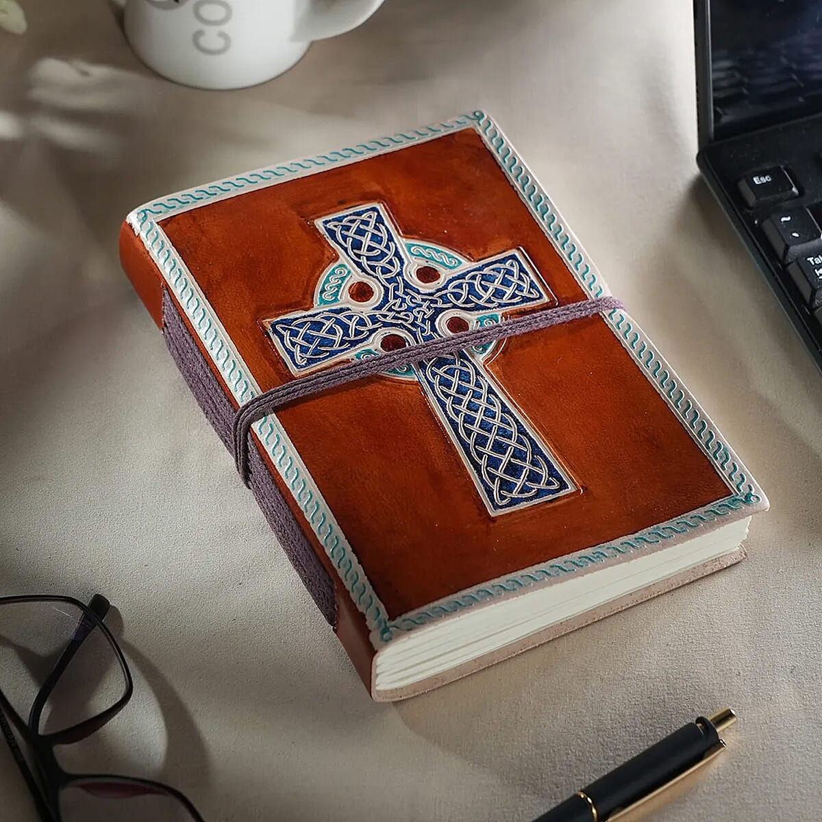 Hand Painted Brown Cross Genuine Leather Journal With Handmade Papers image number 1
