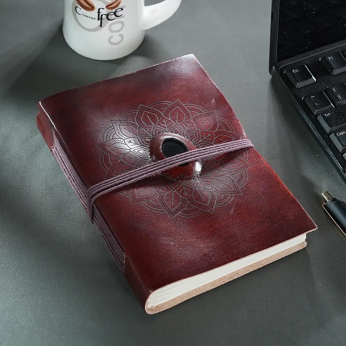 "Lasercut 100% genuine Leather Journal With Black Onyx Gemstone Size:7(L) x 5(W) Inches   Color: Brown" image number 1