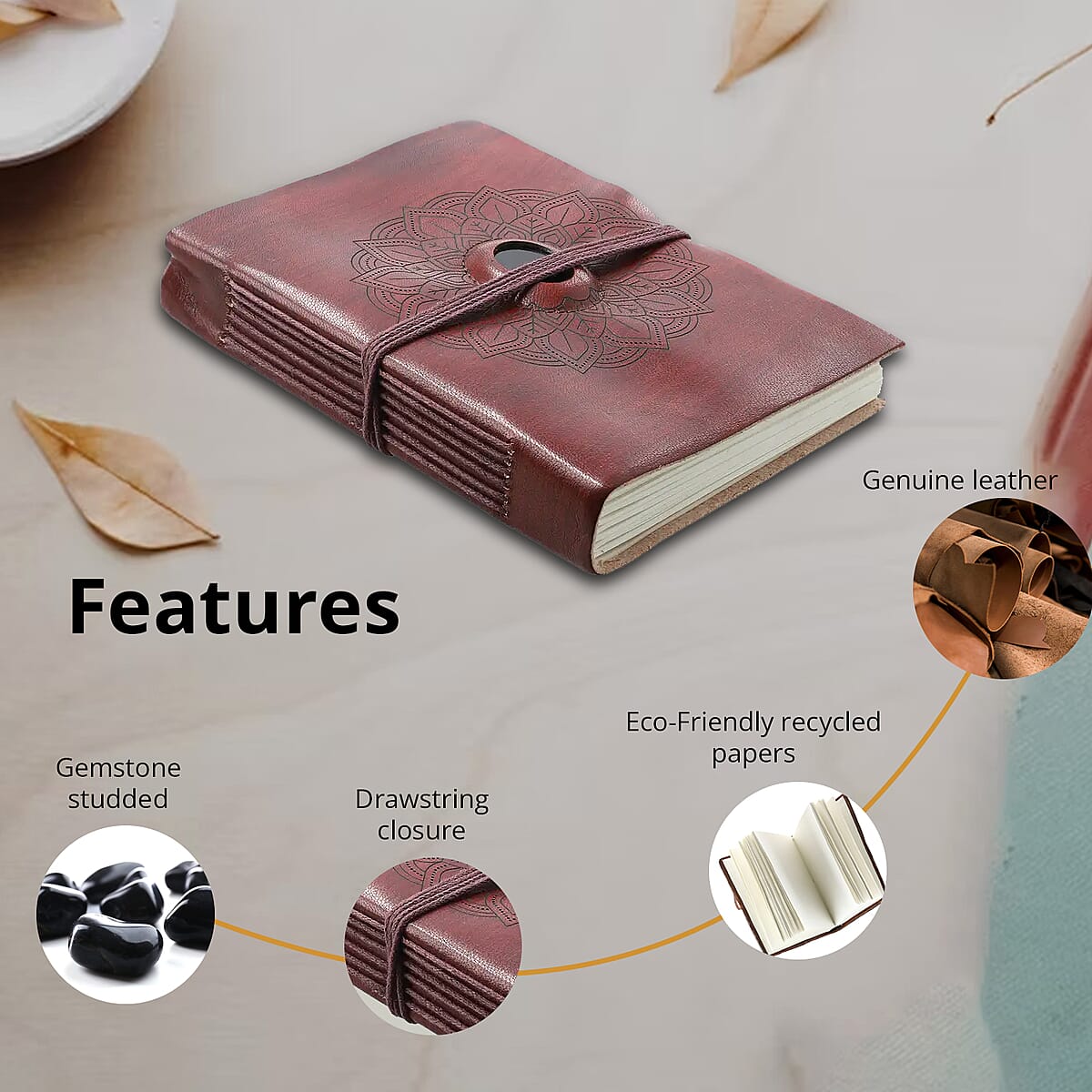 "Lasercut 100% genuine Leather Journal With Black Onyx Gemstone Size:7(L) x 5(W) Inches   Color: Brown" image number 3