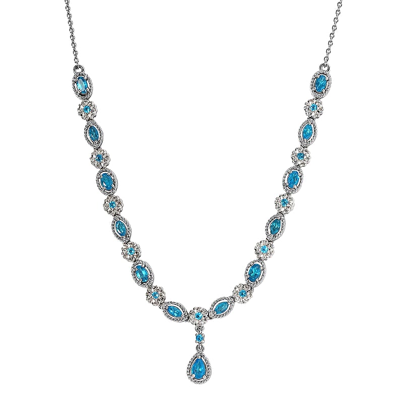 Malgache Neon Apatite and White Zircon Necklace 18 Inches in Platinum Over Sterling Silver 3.85 ctw