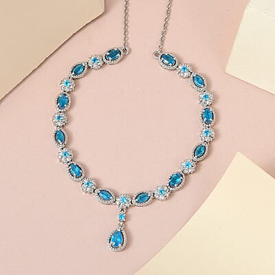 Malgache Neon Apatite and White Zircon Necklace 18 Inches in Platinum Over Sterling Silver 3.85 ctw