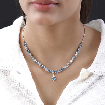 Malgache Neon Apatite and White Zircon Necklace 18 Inches in Platinum Over Sterling Silver 3.85 ctw
