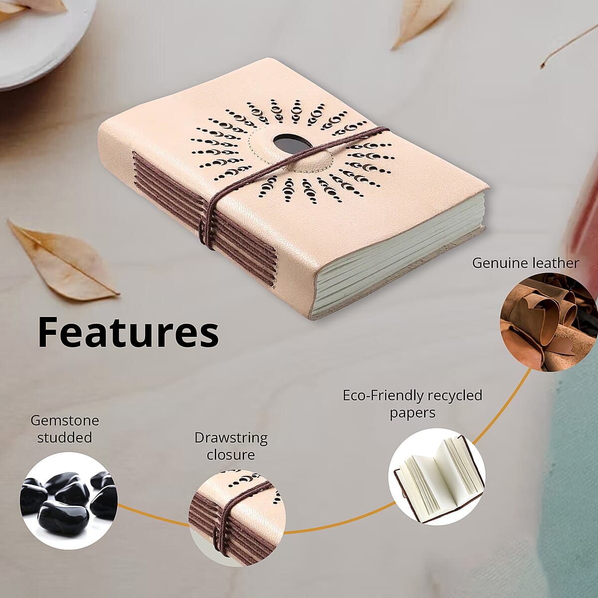 Brown Genuine Leather Journal With Jasper Gemstone image number 3