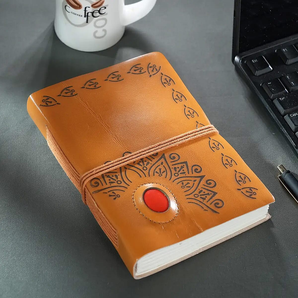 Brown Genuine Leather Journal With Red Agate Gemstone image number 1