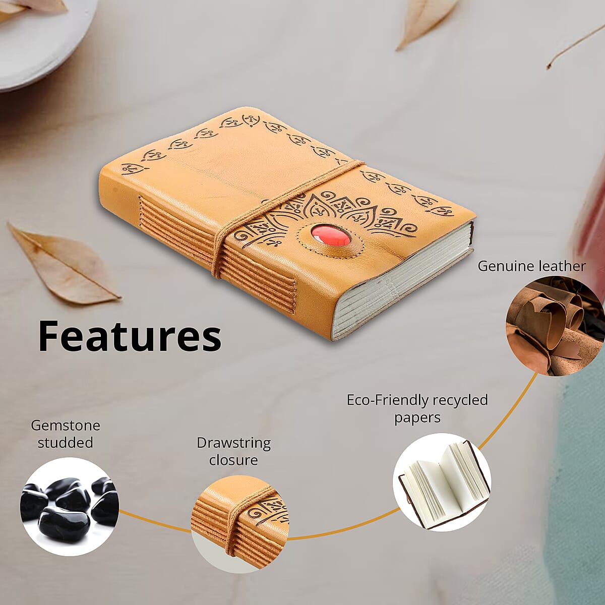 Brown Genuine Leather Journal With Red Agate Gemstone image number 3