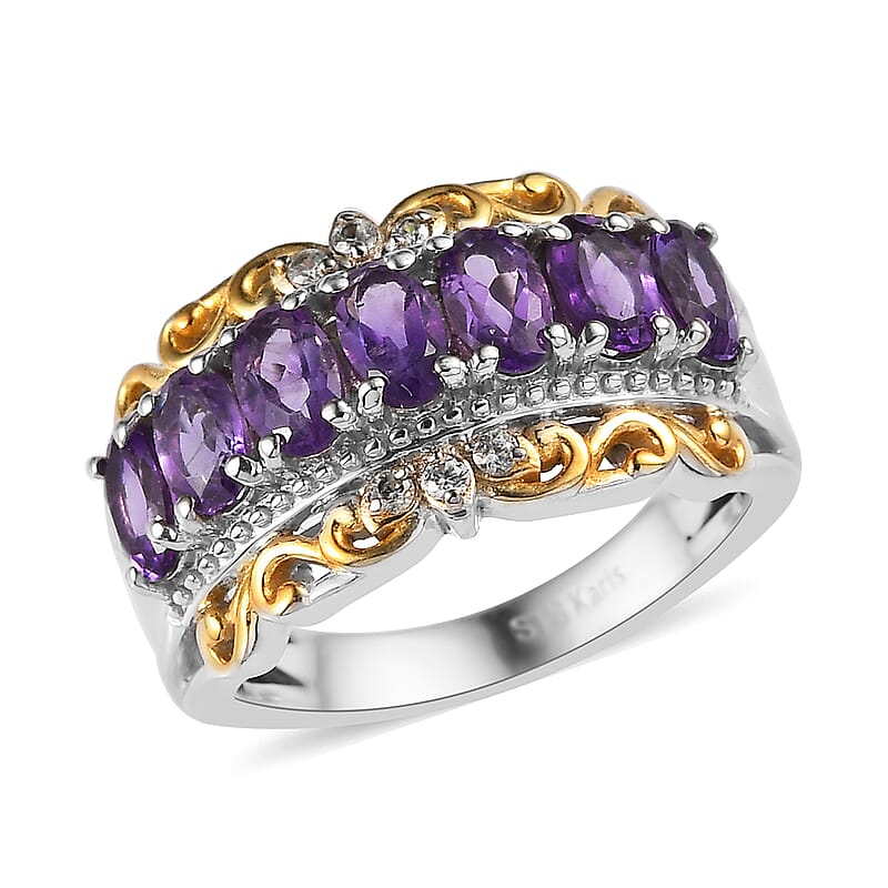 Karis Amethyst and White Zircon Ring in Platinum Bond and 18K Yellow Gold Plated (Size 10.0) 1.50 ctw