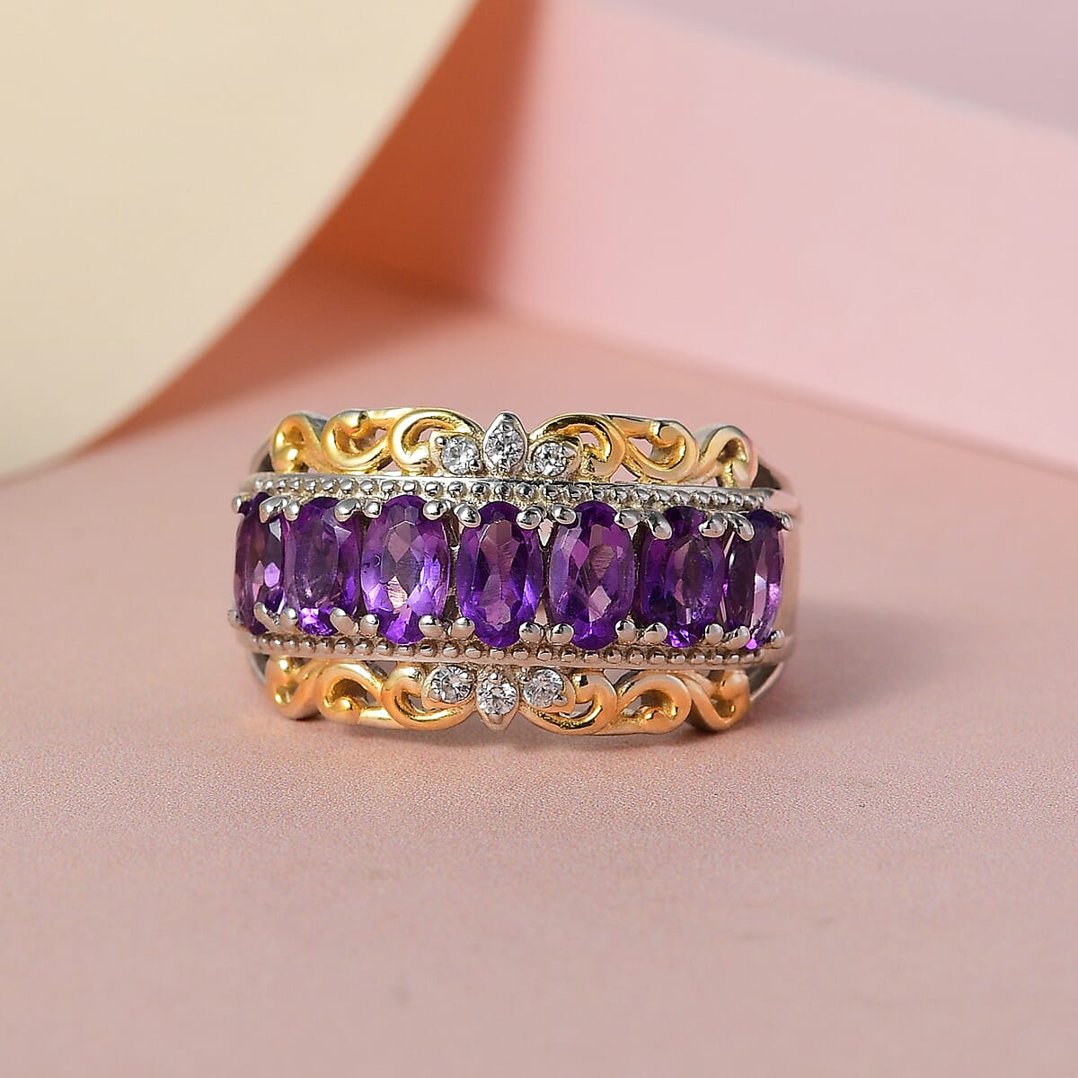 KARIS Amethyst and Natural White Zircon Ring in Platinum Bond and 18K Yellow Gold Plated 1.50 ctw image number 1