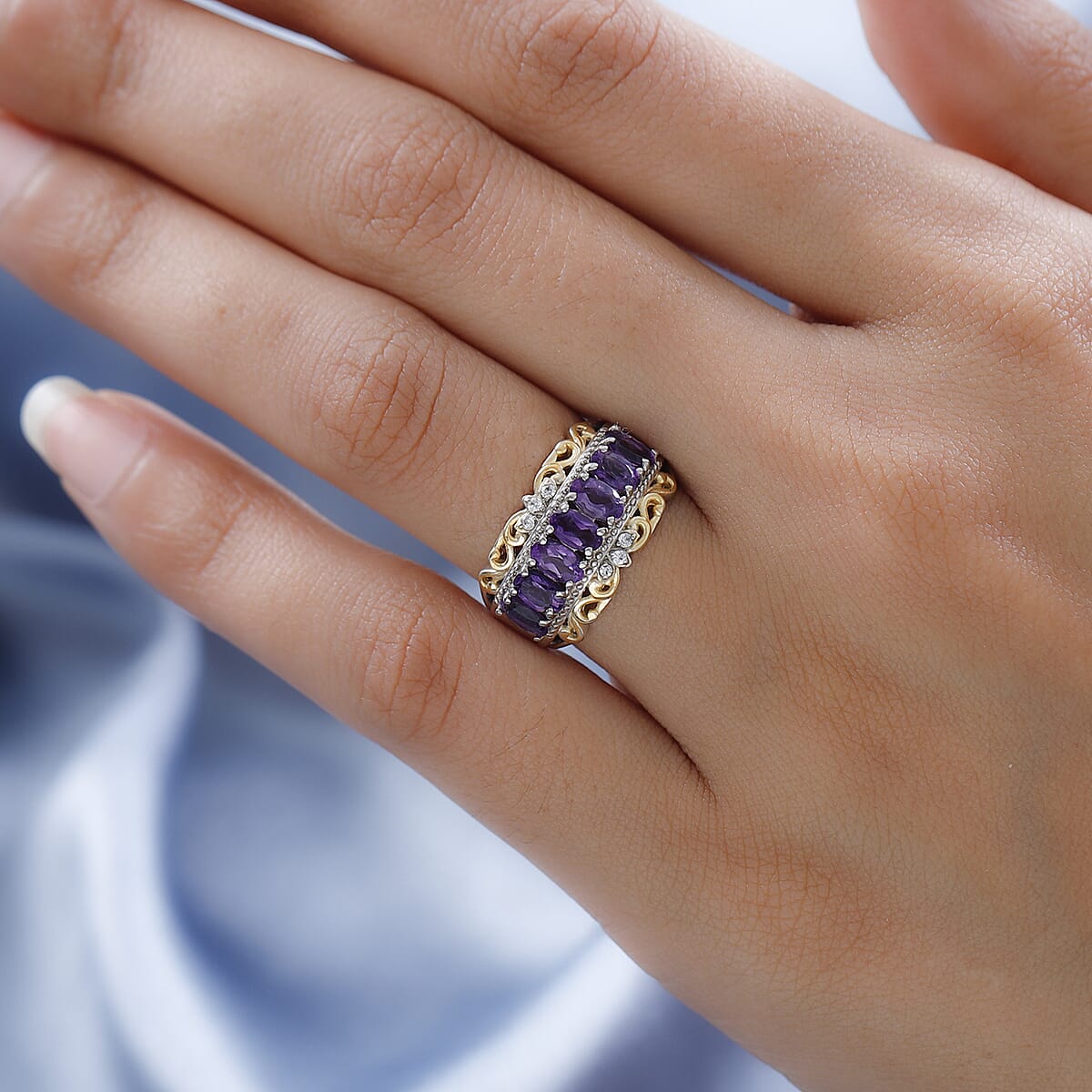 KARIS Amethyst and Natural White Zircon Ring in Platinum Bond and 18K Yellow Gold Plated 1.50 ctw image number 2